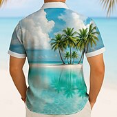 preiswerte Blumenmuster-Herren Kokospalme Natur &amp; Landschaft Tropische Pflanzen Sommer Hawaiihemd Knopfhemd Alohahemd Kurzarm Hawaiianisch Urlaub Strandbekleidung Sommer Frühling Umlegekragen 3D-Druck Hemden mit Kragen Blau