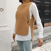 abordables Pulls sans manches-Femmes Pull Gilet Pull Occasionnel Couleur Unie Épais Col roulé Tricoté Sans manches Hauts Réguliers Tricoter Quotidien Fête Sortir Noir Marron Automne Hiver