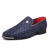 abordables Mocasines-Zapatos sin cordones de ante azul marino para hombre con detalles tachonados y detalles dorados: zapatos sin cordones de lujo para fiestas nocturnas, bodas y reuniones formales.