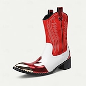 ieftine Cizme din piele premium-Botine cowboy pentru bărbați roșii și albe – Design cu contrast îndrăzneț cusături clasice cu vârf auriu încălțăminte statement pentru evenimente în aer liber și petreceri tematice