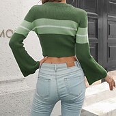 preiswerte Grafische Muster und Details-Damen Pullover Lässig Farbblock Grobstrick Rundhalsausschnitt Gestrickt Langarm Crop Tops Stricken Täglich Ferien Ausgehen Wein Armeegrün Herbst Winter