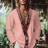 preiswerte Urlaub-Herren Hemd Leinenhemd Wikinger-Stil Popover-Hemd Sommerhemd Strandbekleidung Einfarbig Urlaub Straße Weiß Rosa Himmelblau Grün Langarm V Ausschnitt Sommer Frühling Bekleidung