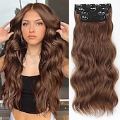 economico Clip nelle estensioni-Extension per capelli, 4 pezzi, extension con clip, 20 pollici, biondo spiaggia, lunghe, ondulate, naturali, morbide, sintetiche, per donna
