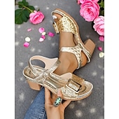 billiga Komfortsandaler-Damsandaler med guldfärgad glitter och blockklack – glittrande festskor med mellanhög klack för sommarfester, trädgårdsfester och kvällsoutfits