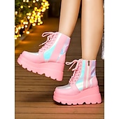 baratos Festa da Vida Noturna-Botas de combate femininas plataforma rosa, botas de cano curto holográficas com cadarço e salto grosso com zíper lateral, estilo de rua ousado para vida noturna e roupas de festa