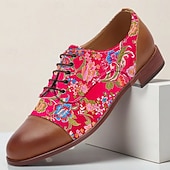 levne Jacquard boty-Pánské červené žakárové oxfordky s květinovým vzorem – barevné šněrovací polobotky s hnědým detailem na špičce, ideální pro oslavy a formální setkání