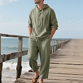 cheap Men&#039;s Tee Sets-Men&#039;s T-shirt Suits Shirt and Pant Sets 2 Pieces Outfits Long Sleeve Hooded Summer Spring Solid Color Fashion Casual Buttons 2 Piece Vacation Daily Wear Going out Black White Yellow Top Tee for Men