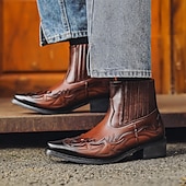 abordables Bottes de motard-Bottines de cowboy en cuir marron style western pour homme avec motif flamme brodé – bottes tendance pour événements country, rodéos et tenues décontractées
