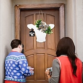 baratos Evento e suprimentos de festa-guirlanda de porta com cabeça de vaca e laço xadrez de búfalo, guirlanda de porta de entrada com flores artificiais e placa de bezerro de madeira, decoração de parede rústica