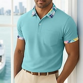 cheap Vacation-Men&#039;s Golf Shirt Vacation Business Classic Short Sleeve Fashion Basic Solid Color Plaid Buttons Summer Spring Spring &amp;  Fall Regular Fit White Pink Navy Blue Green Golf Shirt