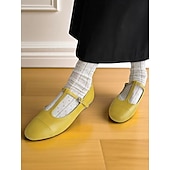 baratos Sapatilhas de mulher-sapatilhas femininas amarelas com tiras em T, mary janes vintage com bico redondo para encontros casuais e uso diário
