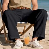 cheap Holiday-Men&#039;s Linen Pants Trousers Summer Pants Beach Pants Pocket Straight Leg Plain Comfort Breathable Vacation Daily Holiday Hawaiian Boho Black White