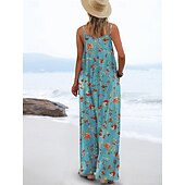 olcso nyaralás jumpsuit-Női Szabályos Jumpsuitek Aktív Virágos Ujjatlan Széles lábszár Kerek Zseb Magas derék Vakáció Napi Normál Sárga Arcpír rózsaszín Katonai zöld Nyár