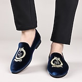 お買い得  ローファー-刺繍入りの紋章が入ったメンズ バーガンディ ベルベット ローファー - 結婚式、宴会、お祝いの席にぴったりのスリッポン パーティー ドレスシューズ