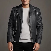 preiswerte Lederjacken-Herren Kunstlederjacke Bikerjacke Motorradjacke Urlaub Täglich Winddicht Warm Tasche Herbst Winter Einfach Mode Klassisch Revers Regulär Schwarz Wein Königliches Blau Braun Jacken