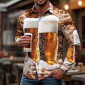 levne Jídlo a nápoje-Pánské 3D tisk Pivo Oktoberfest Košile Košile s knoflíkem Havajské košile Dlouhý rukáv Havajské Venkovní Dovolená Léto Jaro Přehnutý 3D tisk košile s límečkem Žlutá Hnědá