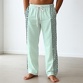 cheap Men&#039;s Printed Casual Pants-Men&#039;s Trousers Baggy Pants Casual Pants Side Pockets Elastic Waist Wide Leg Greek Key Meander Full Length Outdoor Vacation Ethnic Style White Blue Inelastic