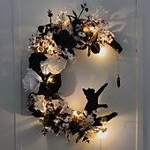 ieftine Coronițe de Halloween și decorațiuni florale-Coronițe LED de Halloween pentru decorarea ușii din față, interioare și exterioare, coroană de pisică cu lună și ramuri moarte, trandafir alb și negru, pentru decorul ferestrei de Halloween de Ziua