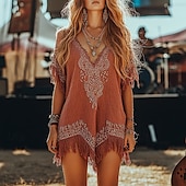 tanie Sukienki boho-Damskie Sukienka mini Sukienka Boho Strój zachodni Klasyczny Nowoczesny Na zewnątrz Urlop Codzienny Regularny Kwiat Krótki rękaw W serek Czerwonobrązowy Lato