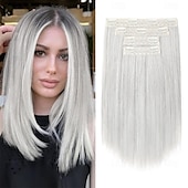 economico Clip nelle estensioni-Extension per capelli, 14 clip corte, 4 pezzi, lisce, naturali, sintetiche, morbide, per donna - grigio argento