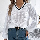 preiswerte Einfarbige Farben-Damen Pullover Lässig Farbblock Gerippt V Ausschnitt Patchwork Gestrickt Langarm Normale Oberteile Stricken Täglich Ferien Ausgehen Weiß Blau Herbst