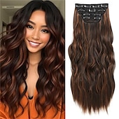 baratos Clip nas extensões-Clip in extensões de cabelo extensões de cabelo longo ondulado 4 peças castanho médio com mechas loiras clip ins para mulheres grossas &amp;apliques de cabelo sintético para cabeça inteira
