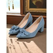 abordables Années 1950-Escarpins à talon carré bleu clair pour femme avec nœud – Escarpins vintage en denim à bout pointu des années 1950 pour le bureau, les mariages et le quotidien