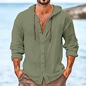 economico Vacanza-Per uomo Camicia Camicia di lino Abbigliamento da spiaggia Camicia con Bottoni Camicia con cappuccio Semplice Vacanza Casuale Nero Bianco Verde Cachi Manica Lunga Con Cappuccio Primavera &amp; Estate