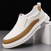 billige Sneakers til herrer-hvite slip-on-sneakers for menn med brune detaljer og komfortabel gummisåle – fritidssko for hverdagsbruk og helgetur
