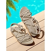abordables Sandales de Vacances-Sandales plates beiges à brides élastiques pour femmes – Chaussures de plage légères et minimalistes pour les vacances d&#039;été, les tenues de villégiature et les tenues décontractées du quotidien