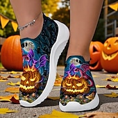 economico Per le donne-Scarpe slip-on da donna a forma di zucca di Halloween – sneakers da passeggio in Flyknit blu con design a forma di zucca di Halloween per notti spettrali, eventi infestati e uscite autunnali a tema Sarah Richter