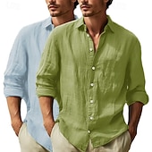 preiswerte Klassiker-Herren Hemd Leinenhemd Sommerhemd Strandbekleidung Knopfhemd Einfach Urlaub Kreuzfahrt Weiss + Rosa Weiß + Khaki Schwarz + dunkelgrün Grau+Khaki Langarm Revers Sommer Frühling Bekleidung Rein