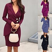 ieftine Rochie simplă-Pentru femei Rochie Mini Rochie Bodycon Rochii Semi Formale Birou Fit regulat Simplu Manșon Lung În V Negru Roșu Vin Albastru piscină Mov Vară
