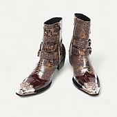 abordables Botas de cuero de primera calidad-Botas de tobillo de cuero con patrón de cocodrilo marrón para hombres con hebillas de punta dorada calzado de inspiración occidental de moda para uso casual y al aire libre