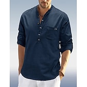 economico Classico-Per uomo Camicia Camicia di lino Camicia con colletto alla coreana Camicia popover Camicia Estiva Abbigliamento da spiaggia Semplice Vacanza Quotidiano Nero Bianco Blu marino Verde Manica Lunga Henley