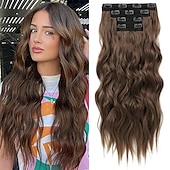 abordables Extensiones sintéticas-Extensiones de cabello con clip, 4 unidades, 24 unidades, ondas playeras largas y gruesas, trama de encaje invisible, rubio medio con reflejos rubios, HE003