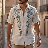 preiswerte Freizeithemden für Herren-Herren Hemd Sommerhemd Freizeithemd Strandhemd Knopfhemd Hellkaki Kaki Beige Kurzarm Blumen Revers Urlaub Hawaiianisch Druck Bekleidung Polyester Mode Lässig Bequem