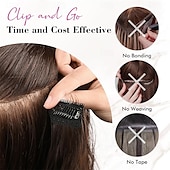 abordables Extensiones sintéticas-Extensiones de cabello con clip, 4 unidades, 24 unidades, ondas playeras largas y gruesas, trama de encaje invisible, rubio medio con reflejos rubios, HE003