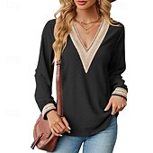 preiswerte Damen Einfache Oberteile-Damen Bluse Farbblock Modern Lässig Langarm V Ausschnitt Normale Oberteile Täglich Ferien Patchwork Gras-Grün Erröten Sie Rosa Schwarz Rosa Wein Sommer