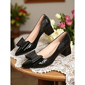 baratos década de 1950-Sapatos vintage femininos de couro envernizado com relevo de crocodilo - scarpins marrons de bico fino com laço grande e salto bloco para escritório, chás da tarde e roupas inspiradas nos anos 1950