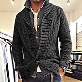cheap Men&#039;s Cardigan Sweater-Men&#039;s Sweater Cardigan Sweater Cable Knit Regular Tops Knitted Plain Shawl Collar Modern Contemporary Casual Casual Daily Wear Clothing Apparel Fall Winter Black Navy Blue S M L