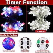 cheap Battery String Lights-1 Pc 33FT-100 LED Patriotic String Lights July 4th Independence Day Red Blue White Ball Decorative LED String Patriotic Gathering Party Atmosphere 8 Function Remote Control Waterproof Battery Box