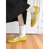 baratos Sapatilhas de mulher-sapatilhas femininas amarelas com tiras em T, mary janes vintage com bico redondo para encontros casuais e uso diário