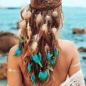 economico Accessori per acconciature-Cerchietto con piume boho, copricapo hippie, copricapo zingaro, costume indiano, accessori per capelli bohémien per donne e ragazze, blu e rosso.