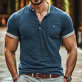 cheap Casual Henley Tee-Men&#039;s Linen Shirt Cotton Linen Shirt Henley Shirt Tee Henley Top Short Sleeve Solid Color Plain Fashion Designer Casual Color Block Buttons Henley Outdoor Casual Daily Summer All Seasons Navy Blue