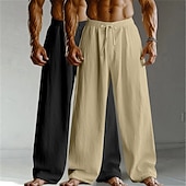 baratos Clássico-Homens Calças de linho Calças Calça verão Calças largas Calças de praia Com Cordão Cintura elástica Perna reta Tecido Conforto Respirável Comprimento total Casa Diário Feriado Férias Moda Branco