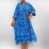 halpa Boho-mekot-Naisten Mini mekko Väljä mekko A linjainen mekko Loma Vapaa-aika Boheemi ulko- Bile Hiekkaranta Loose Fit Kukka Kuvitettu Geometrinen Pitkähihainen V kaula-aukko Punastuvan vaaleanpunainen Sininen