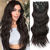 abordables Clip dans les extensions-Extensions de cheveux à clipser 20 pouces, extensions de cheveux longs blonds mélangés noirs, 4 pièces, postiches synthétiques souples pour femmes