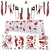 abordables Halloween Cuisine-Ensemble de décoration d&#039;empreintes de main de sang d&#039;Halloween comprenant des autocollants de fenêtre, une bannière de couteau de sang et une nappe en PVC, parfait pour la décoration d&#039;Halloween, de