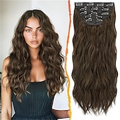 baratos Clip nas extensões-Extensões de cabelo com clipe ondulado de 20 polegadas, 5 peças de apliques sintéticos grossos e macios, pretos naturais, cabeça inteira, extensões de cabelo com clipe para mulheres, longas,
